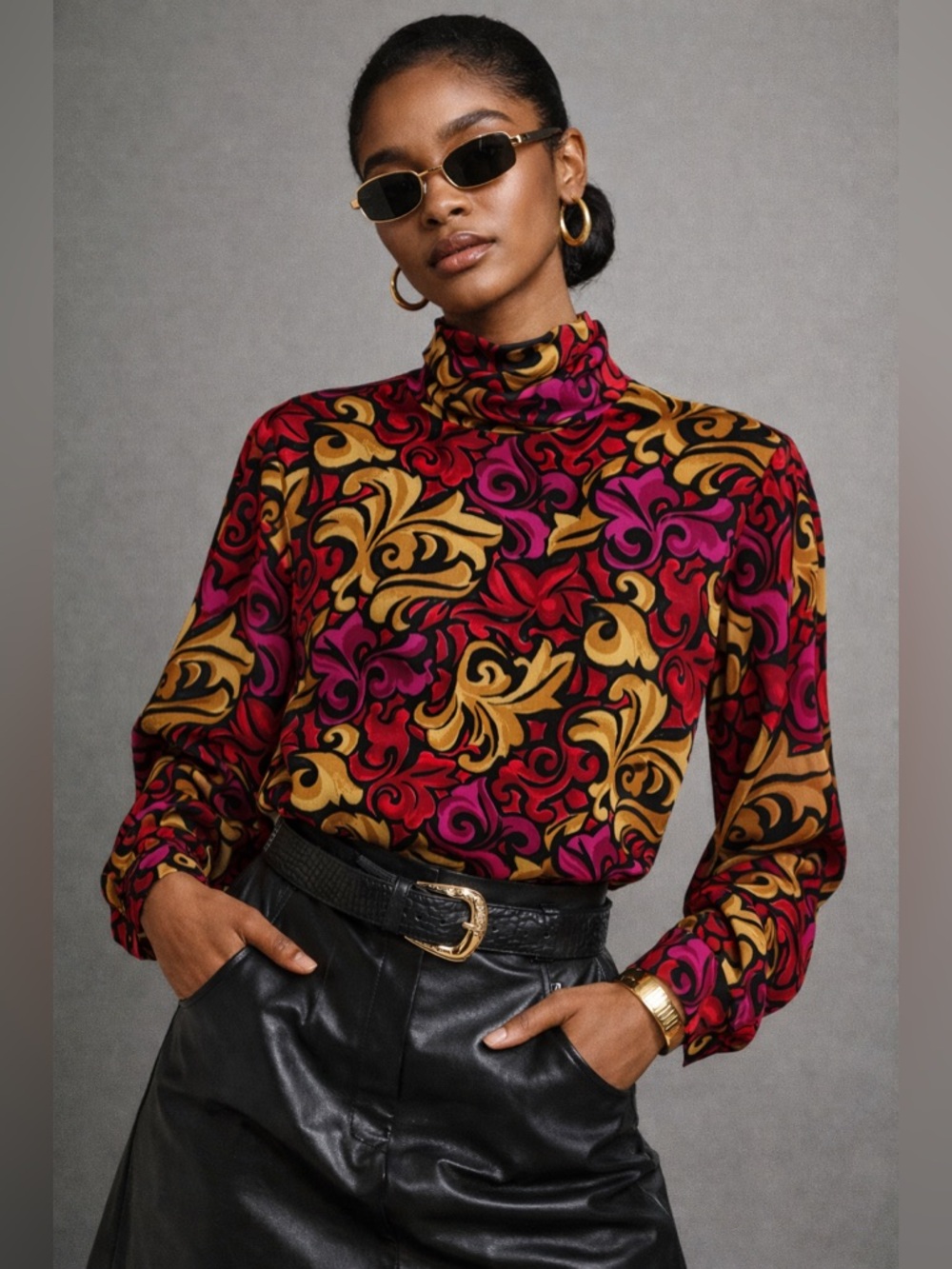 Vtg 90’s 100% Silk Baroque Blouse Equestrian CC Courtenay Luxe Print Top Sz M 10